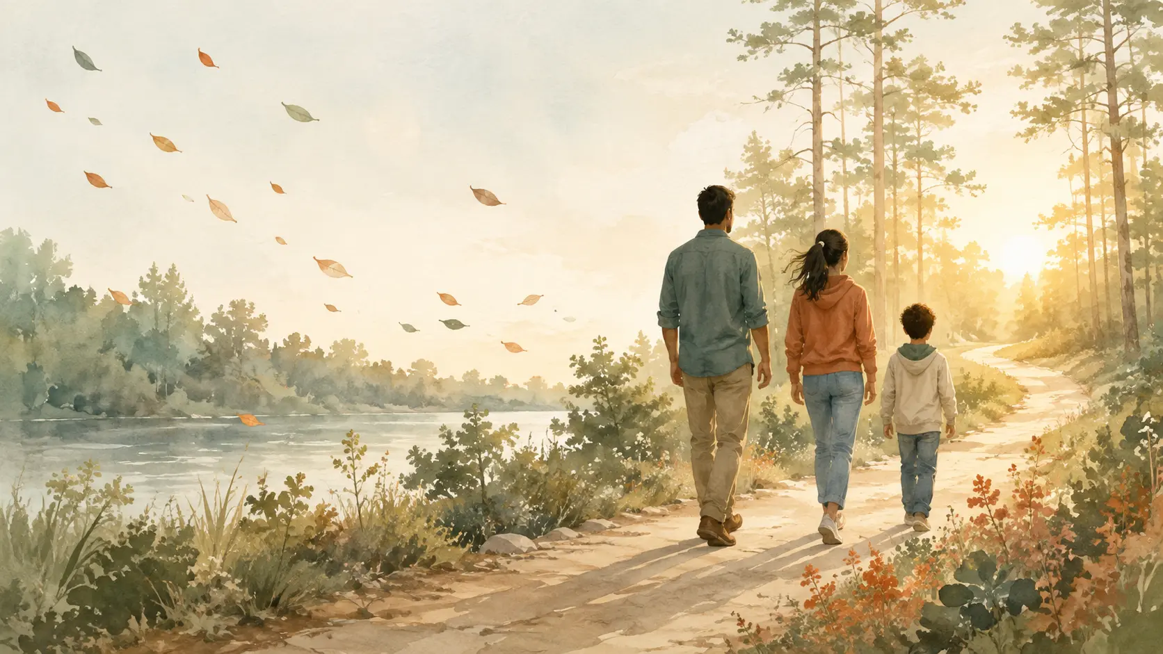 Watercolor illustration of two adults and a child walking beside a lake on a sunlit wooded path.